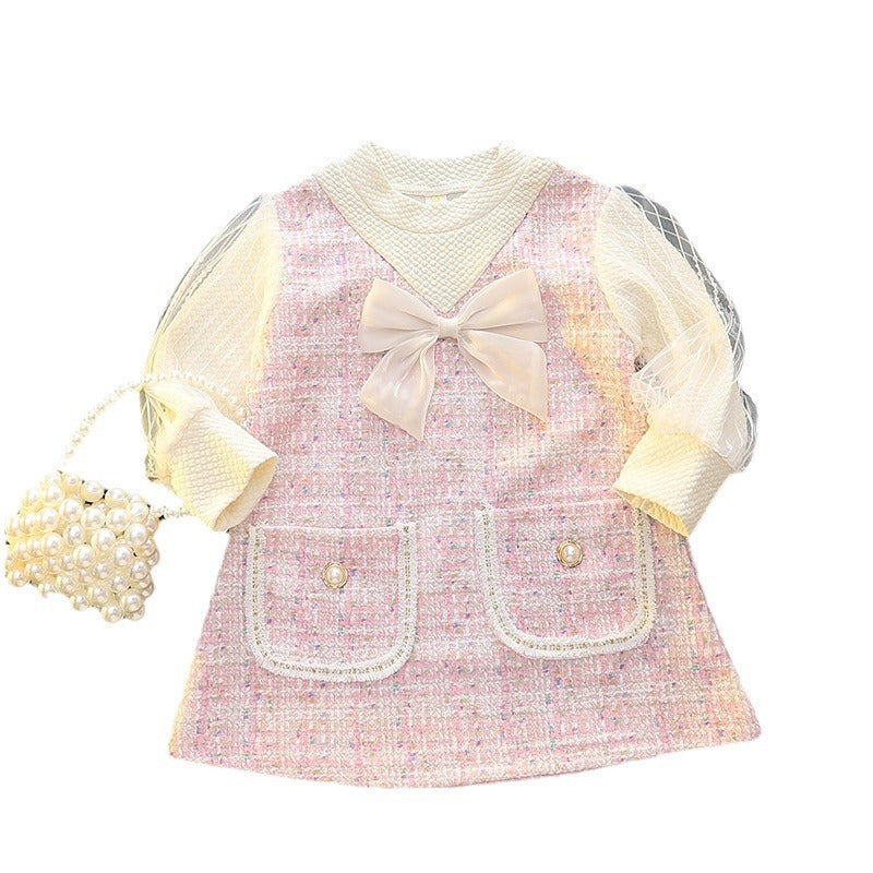 Wholesale Children's Spring Sweet Princess Mesh Bubble Sleeves Round Neck Bow Dress Baby Clothes